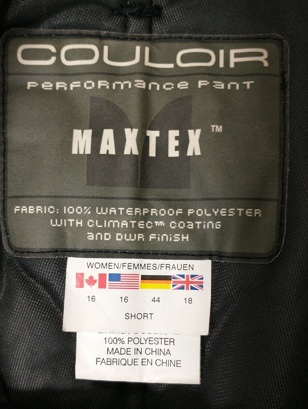 Couloir Maxtex Performance Pant, Women's Size 16 Short, Black, Winter Ski Snow